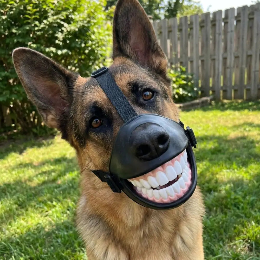 Adjustable Funny Grinning Dog Muzzle Anti-Bite Anti-Scavenge Dog Photo Mouth Cover Breathable Novelty Smiling Teeth Pet Muzzle