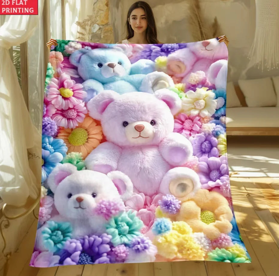 A Colorful Teddy Bear Floral Blanket