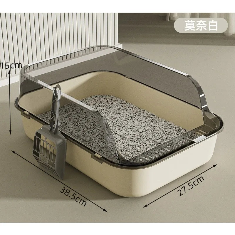 Cat litter box with high fence, semi-enclosed